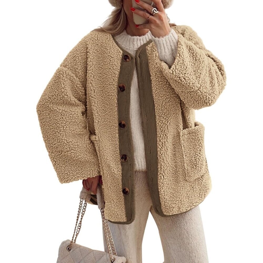 Women's 2025 Winter Coats Long Sleeve Button up Fuzzy Sherpa Fleece Jackets Oute